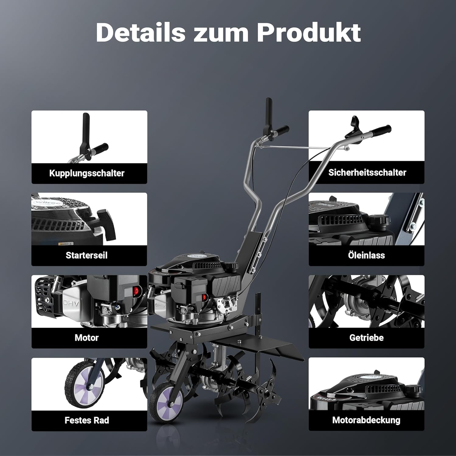 Wiltec Benzin Bodenhacke 60 cm Arbeitsbreite, Gartenhacke mit Motor 144 CCM, Motorhacke 6 Klingen, Bodenfräse mit Antrieb Euro 5, robuste Gartenfräse