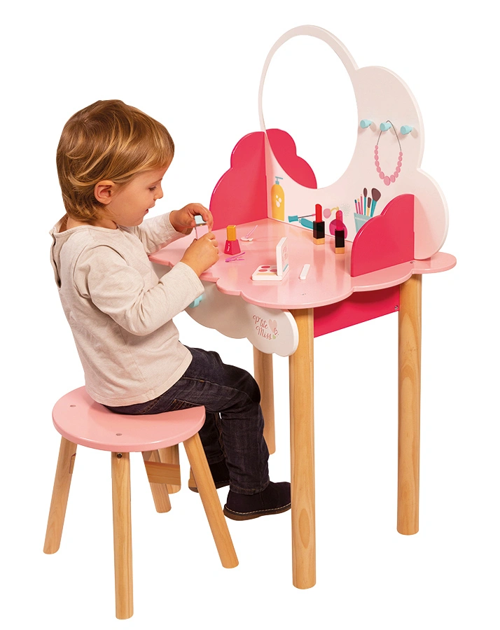 Schmink-und Frisiertisch LITTLE MISS mit Hocker und Zubehör in rosa/weiß