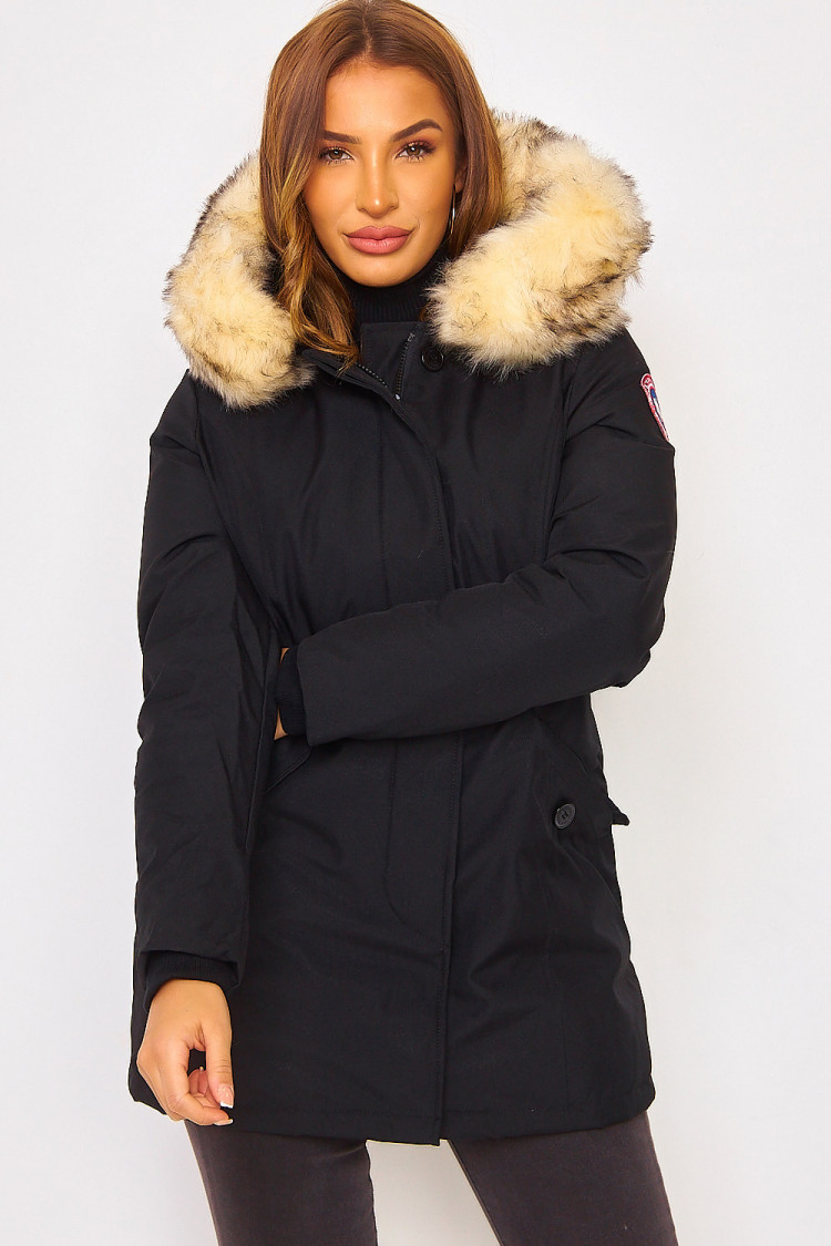 Parka noire mi-longue à capuche fourrure beige