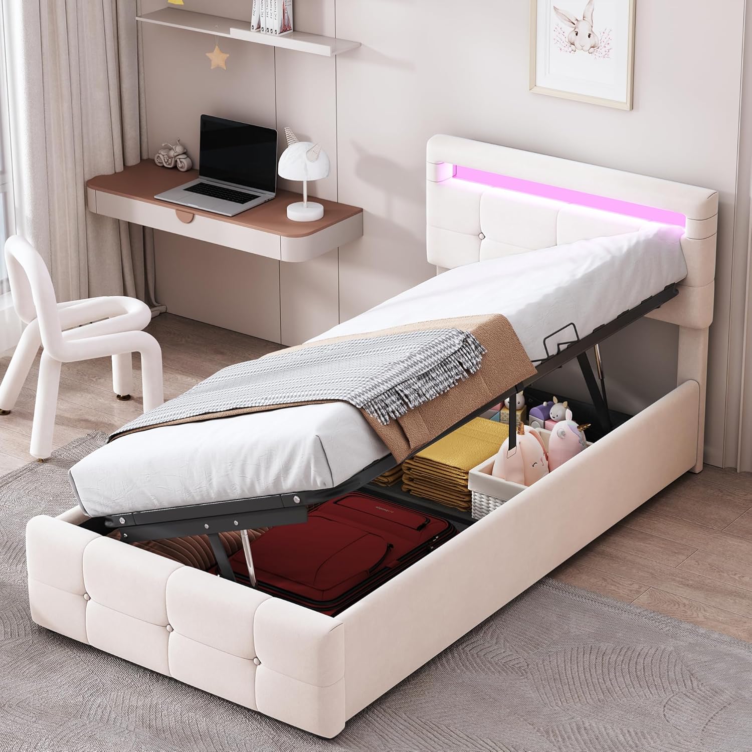 Boxspringbett Polsterbett 90x200 cm, Hydraulisches Stauraumbett mit LED Beleuchtung und Lattenrost, Bett mit Bettkasten und verstellbares Kopfteil, Einzel-Hochboxbett Jugendbett, Beige, ohne Matratze