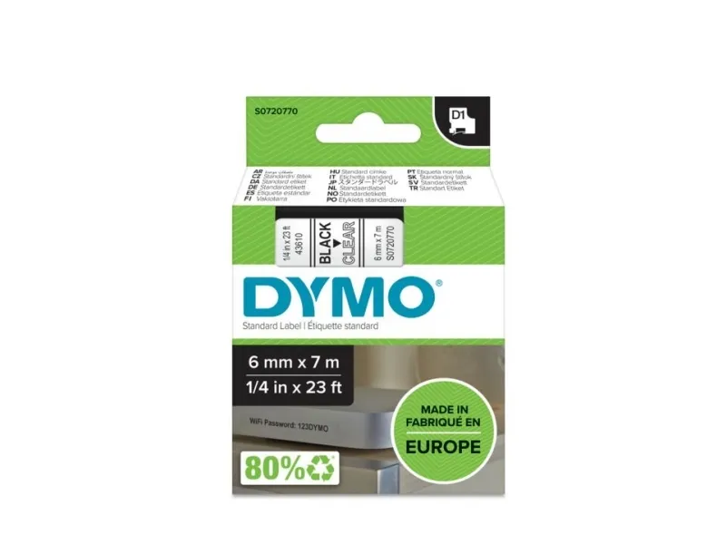 Labeltape DYMO® D1 sort på klar 6mm x 7m