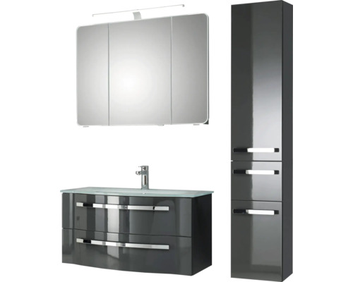 Badkamermeubelset Pelipal serie 4005, afmetingen (B x H x D): 122 x 200 x 49,1 cm, fronten in hoogglans grijs. 4-delige badkamermeubelset bestaande uit een witte glazen wastafel, badmeubel, spiegelkast met LED-verlichting, glazen wastafel en hoge kas