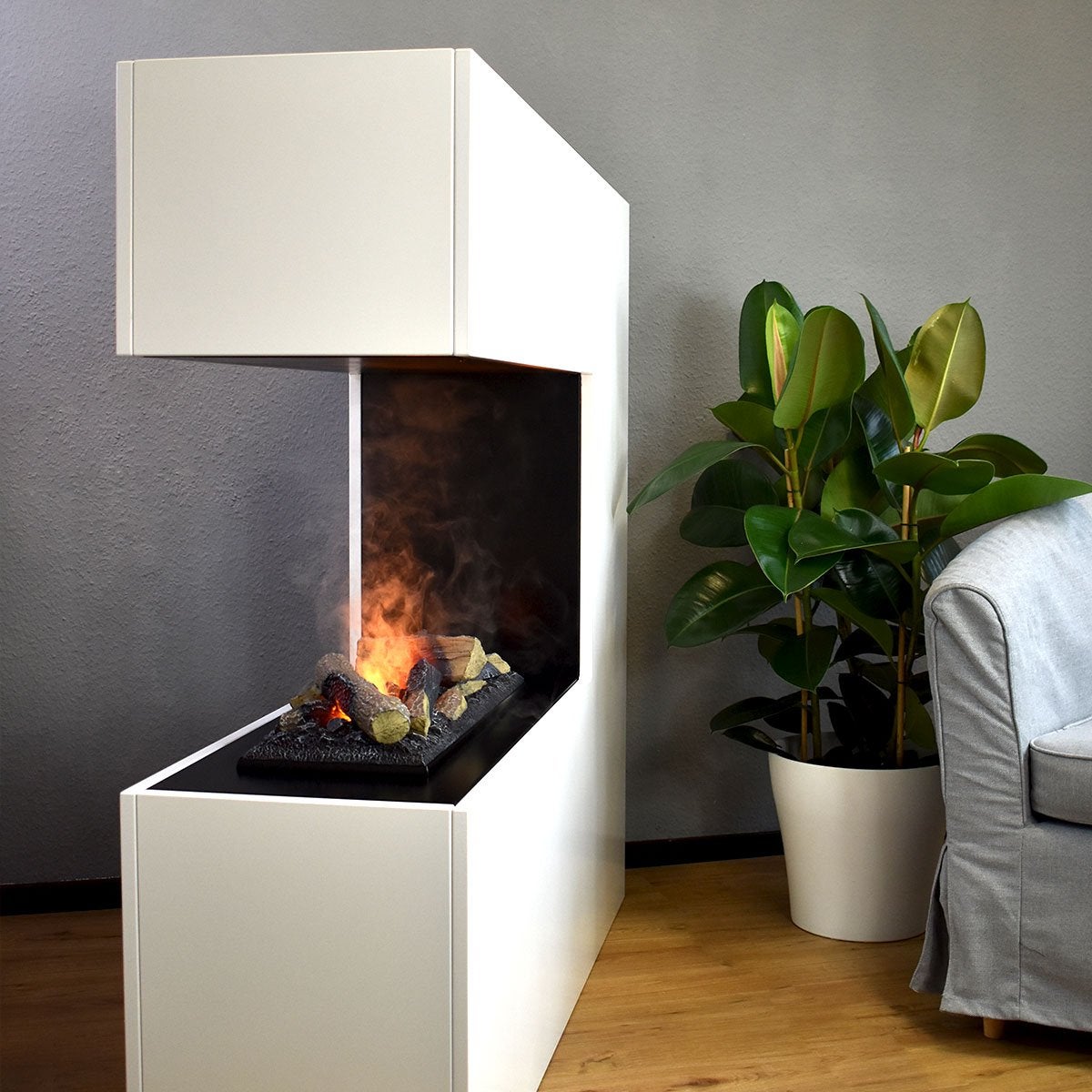 GLOW FIRE 'Schiller' elektrische haard | Waterdamphaard met OMC 600 inclusief hout in de kleur wit als roomdivider | HxBxD: 120x120x37 cm