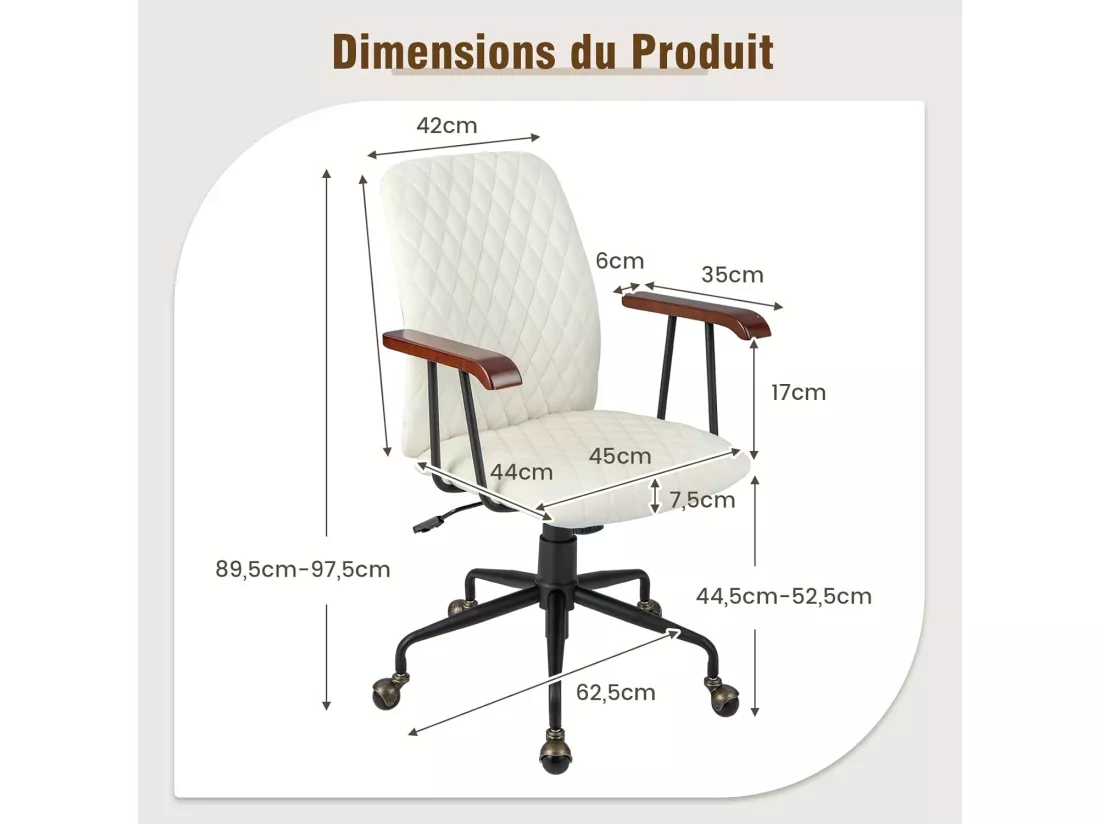 Fauteuil de Bureau à Roulette en Velours, Chaise Pivotante Réglable,Style Vintage Elégant,Accoudoirs en Bois de Caoutchouc (Beige)