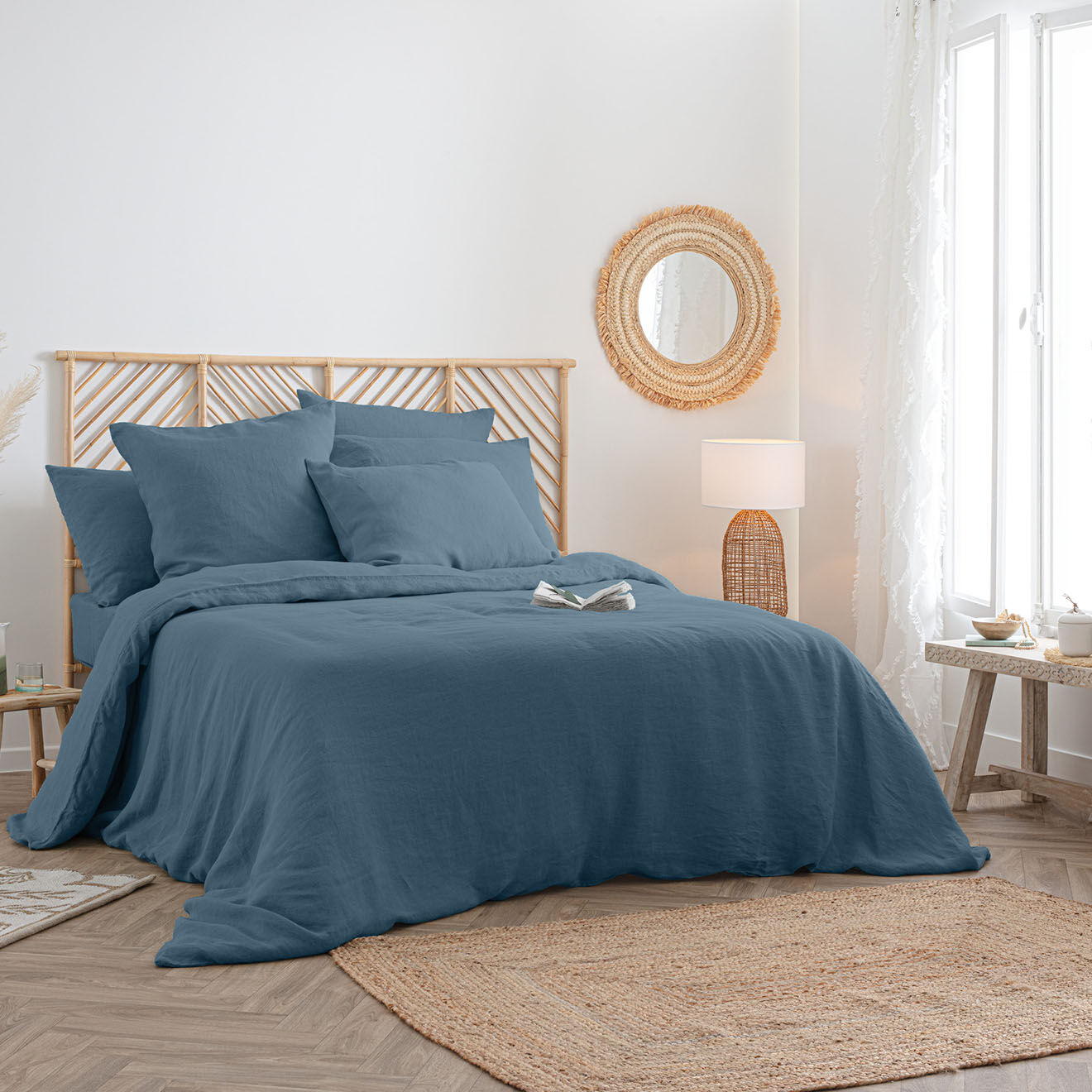 Atmosphera Housse de couette Linah en lin lavé bleu canard