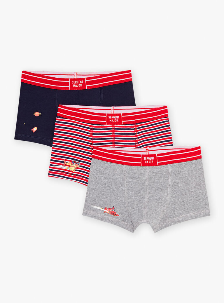 3 boxers bleu marine, rouge et gris à motif galaxies et imprimé à rayures