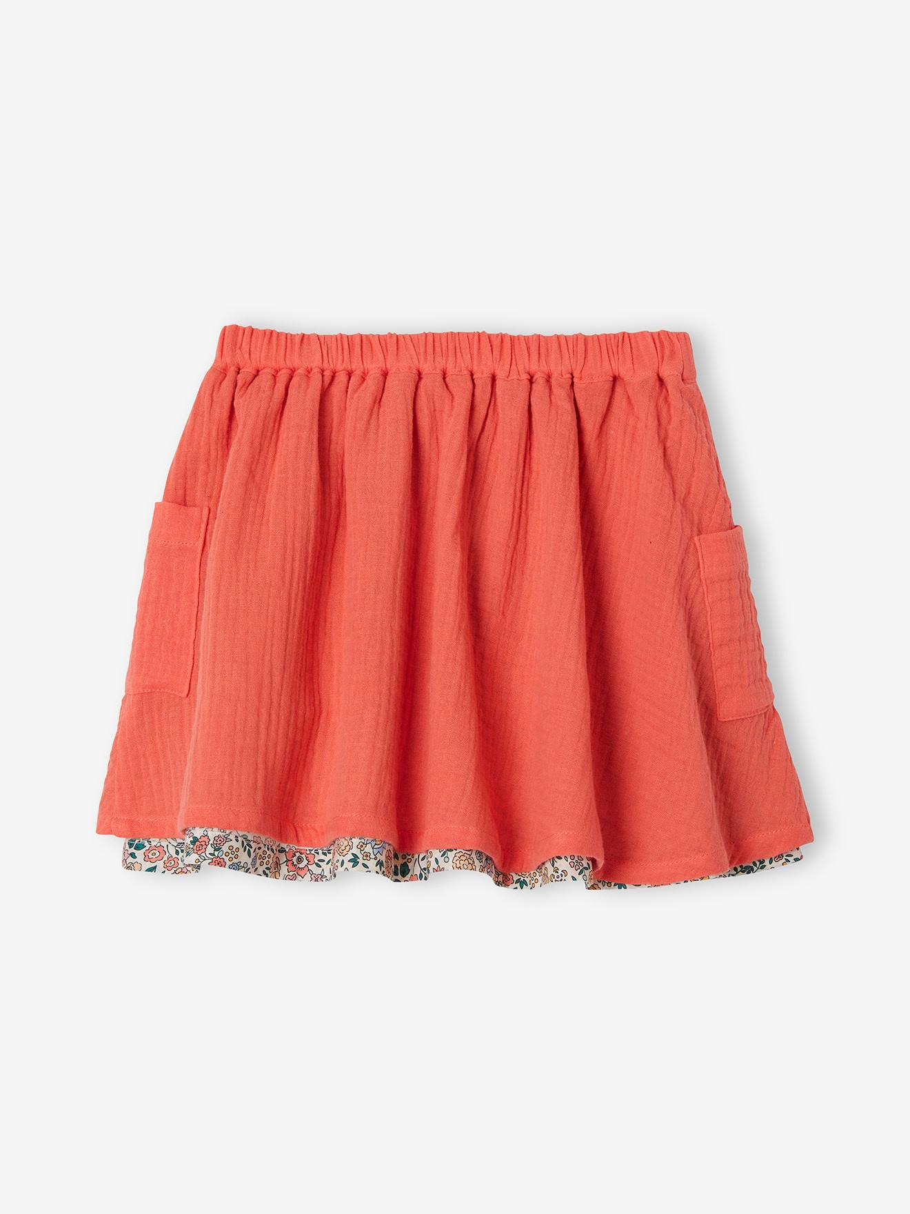 Saia reversível, lisa ou com estampa floral, para meninas, marrom claro liso