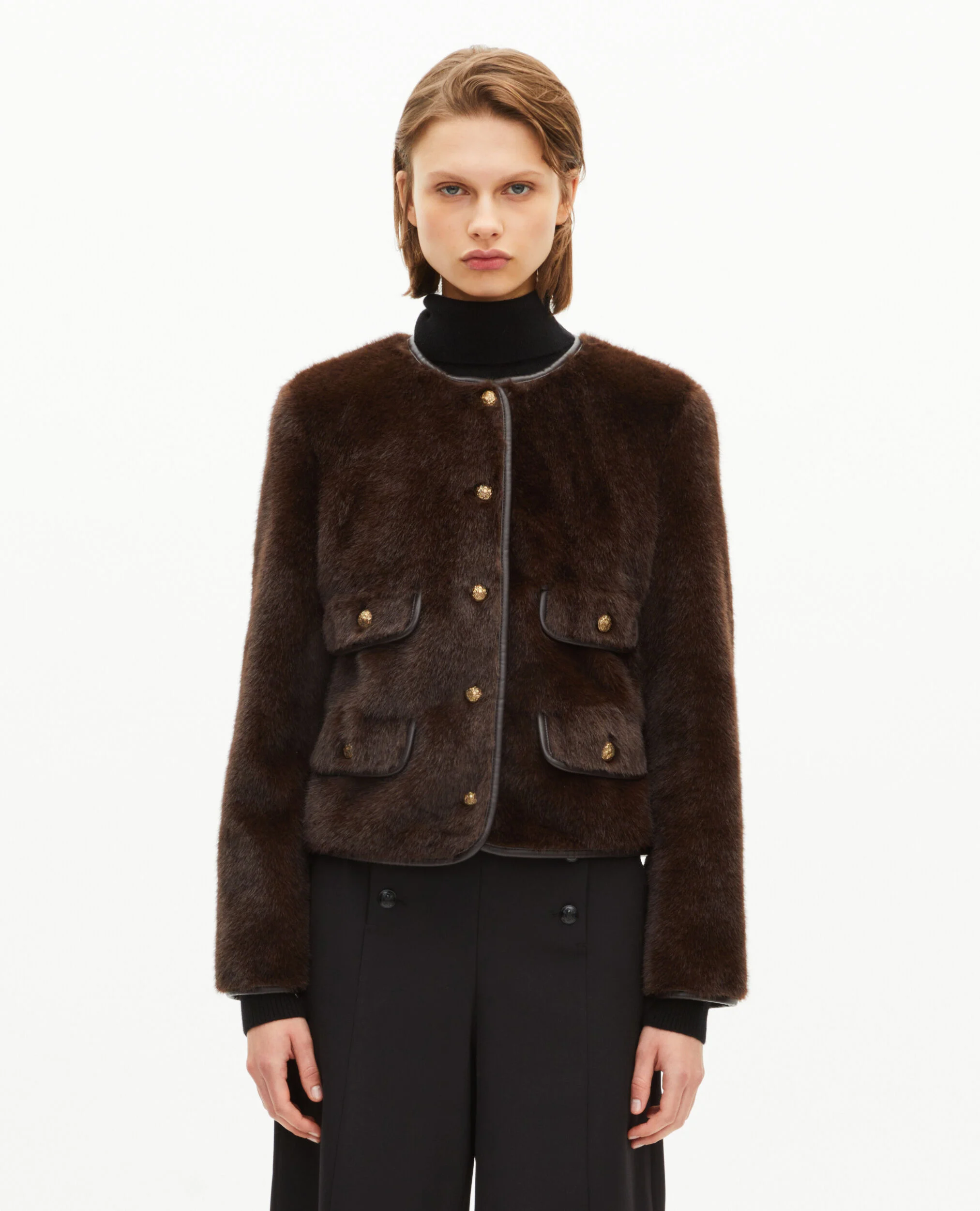 Blouson effet fourrure avec détails de cuir marron