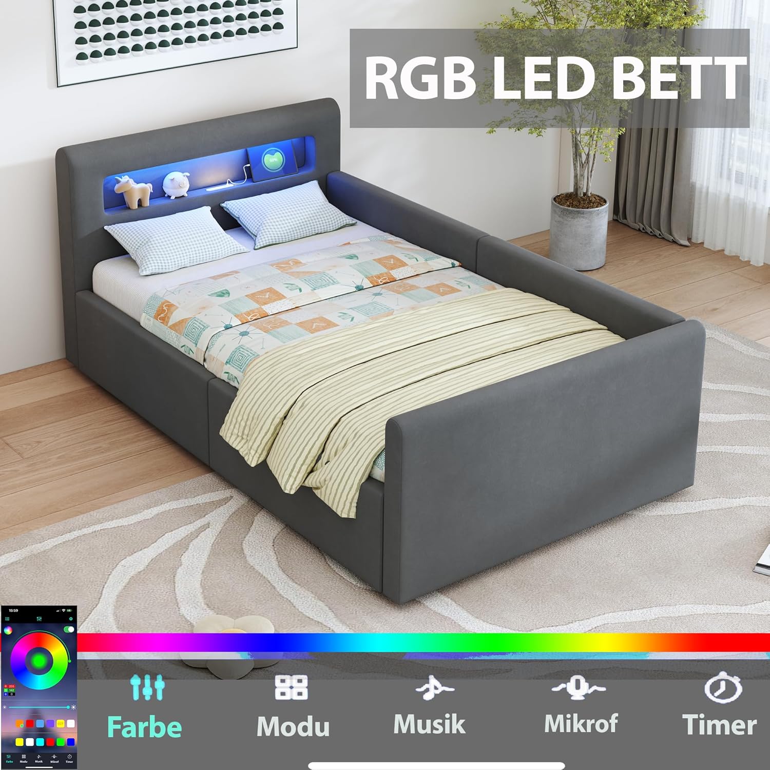 Modern Jugendbett 90x200 cm Polsterbett, Bett mit Lattenrost & Stauraum, Polster Kopfteil mit LED Nachtlicht & USB-Ladeanschluss, Samtstoff, Kinderbett für Jungen & Mädchen (Dunkelgrau)