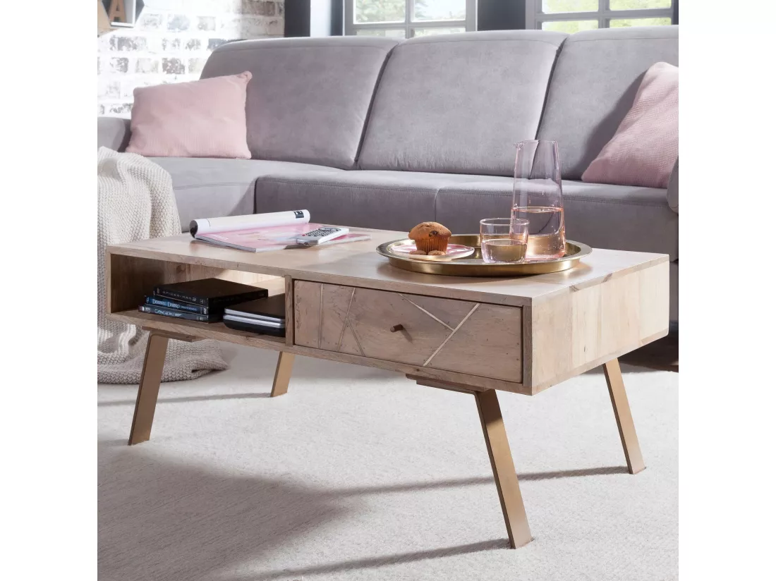 Table basse Sikar 95X42X50Cm En Bois Massif Solide / Métal Manguier