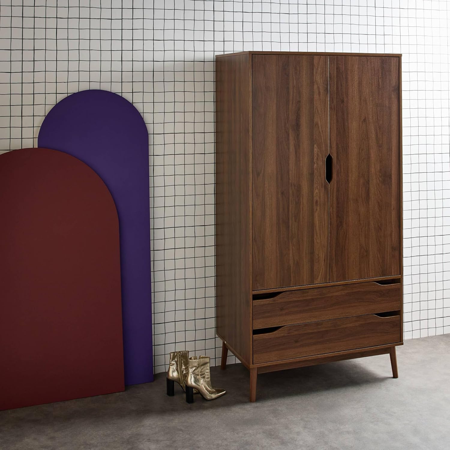 sweeek - Kleiderschrank im Vintage-Stil mit Holzdekor, 2 Türen, 2 Schubladen, 1 Kleiderstange - Nepal
