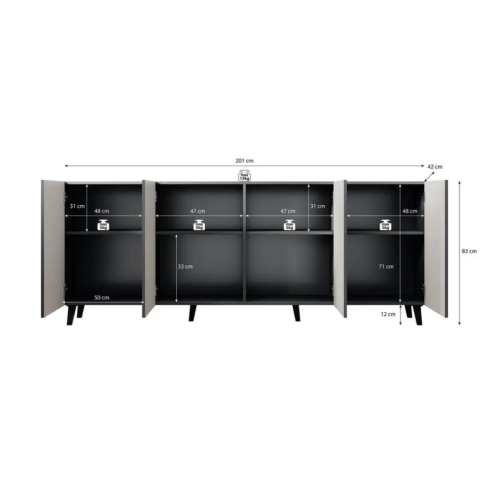 Meubella - Dressoir Vintar - Antraciet - 200 cm