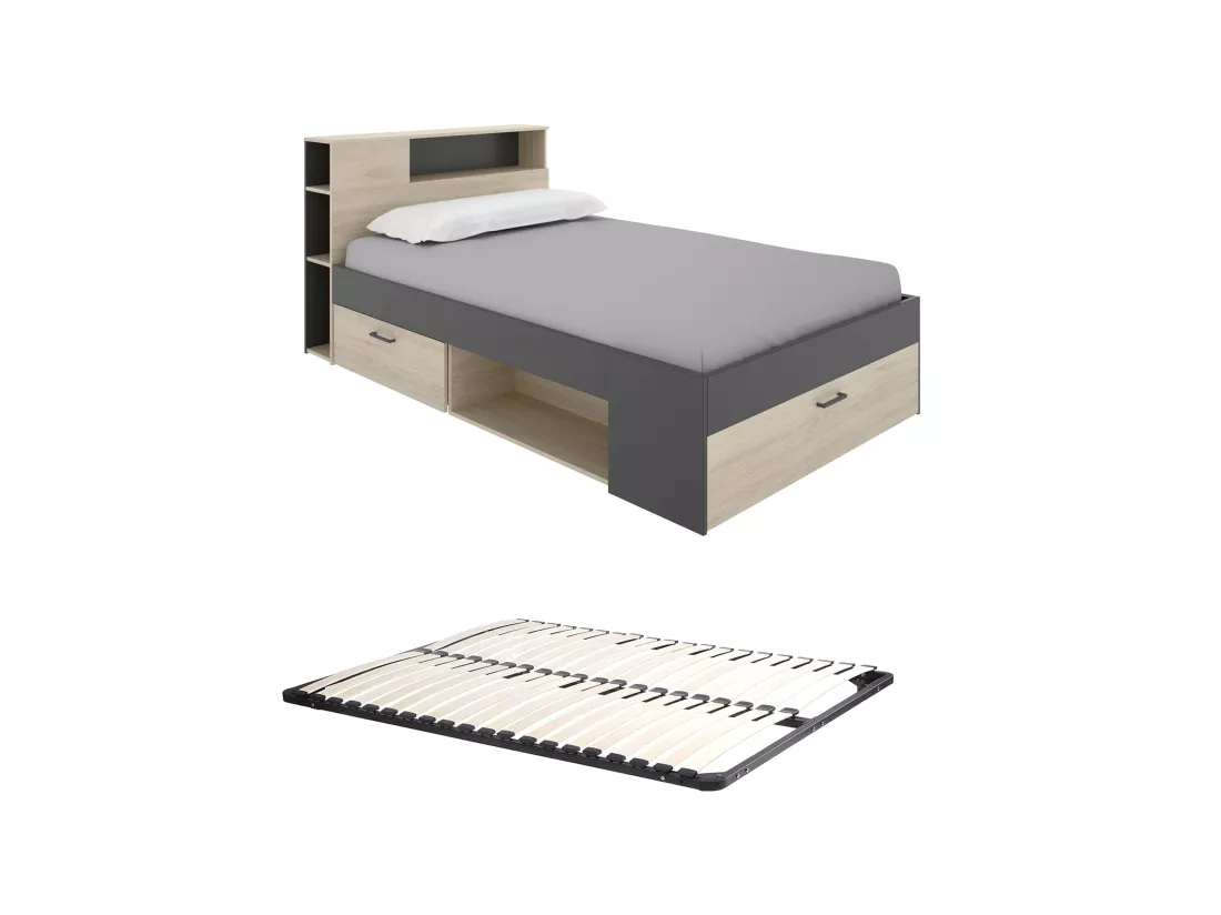 Lit avec tête de lit rangements et tiroirs - 120 x 190cm - Coloris : Naturel et anthracite + Sommier - LEANDRE