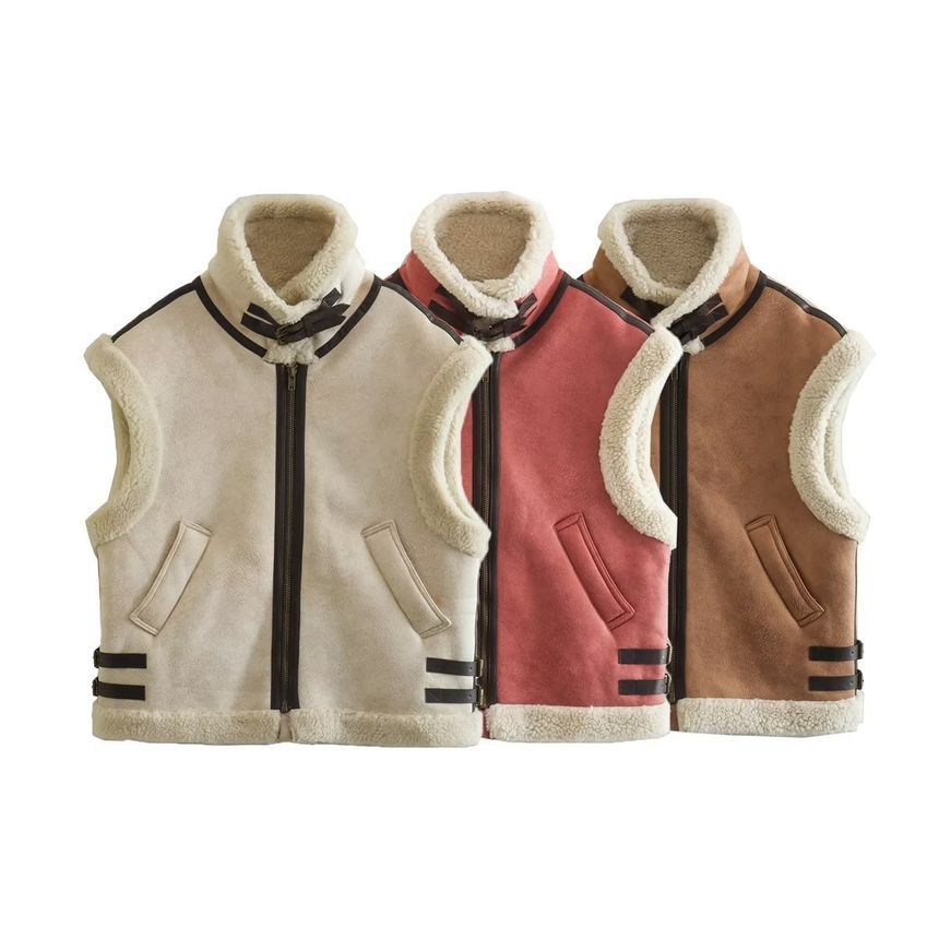 Sensarra - Vest met rits en imitatiebont en effen contrasterende bies