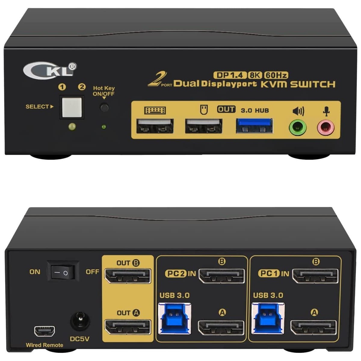 KVM-svitsj 2 til 2 DisplayPort til DisplayPort, 8K30Hz 4K144Hz, 3x USB-A, 2x 3,5 mm AUX