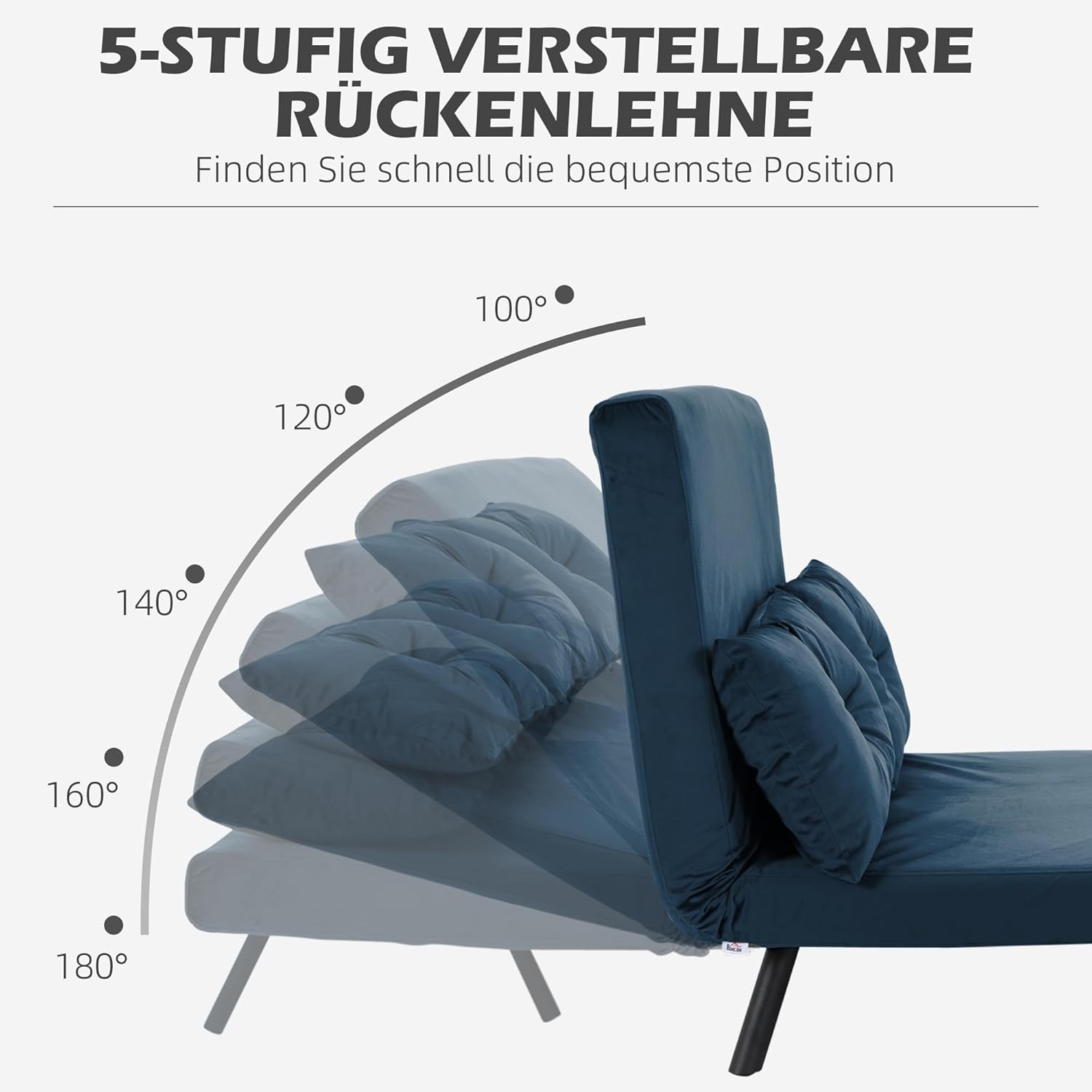 HOMCOM Schlafsofa 4 in 1 2 Sitzer Sofa mit Schlaffunktion, 183 x 98,5 cm Klappbar Schlafsessel mit 5-stufig Verstellbarer Rückenlehne, Armlehne, Lendenkissen Samtoptik für Wohnzimmer, Blau
