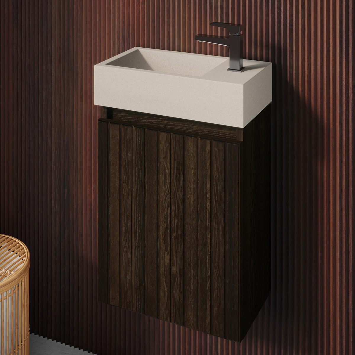Fontana Crest toiletmeubel ribbelfront kasteel bruin 40x22cm met beige fontein rechts