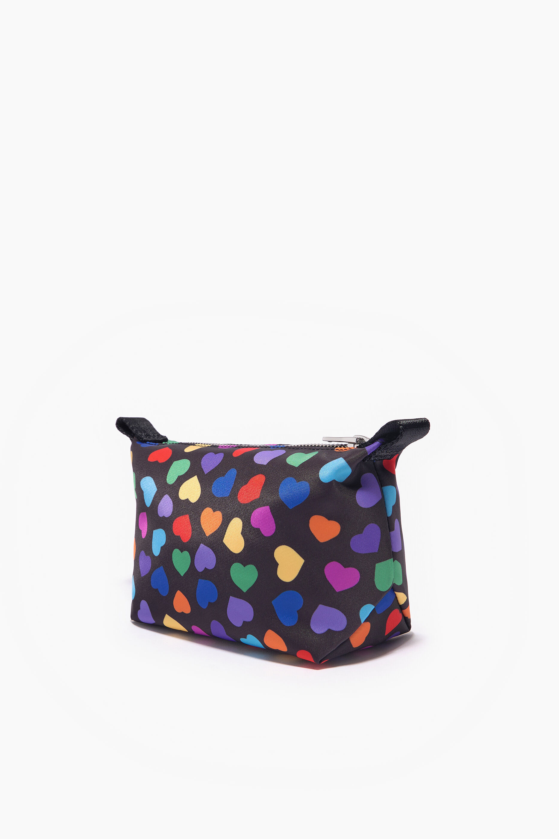 Nécessaire trapezoidal tamanho P em nylon com estampa de corações preta