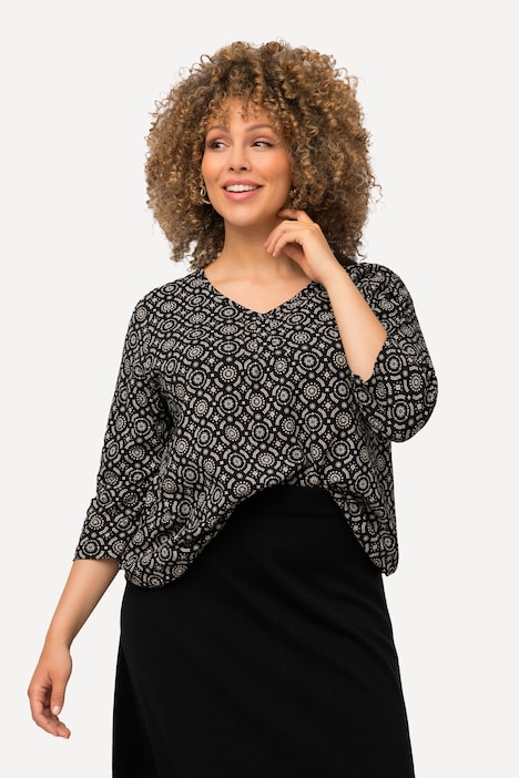 Shirt, A-Linie, Zierfalten, V-Ausschnitt, 3/4-Arm