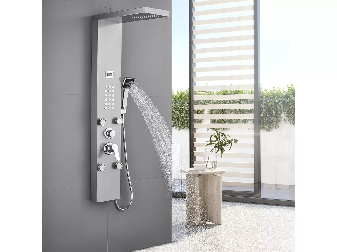 Panneau Colonne Douche Hydromassante avec Écran Affichage Temprérature Panneau Douche avec 4 jets massage,Douche de tête,Douchette à Main,EU Modèle