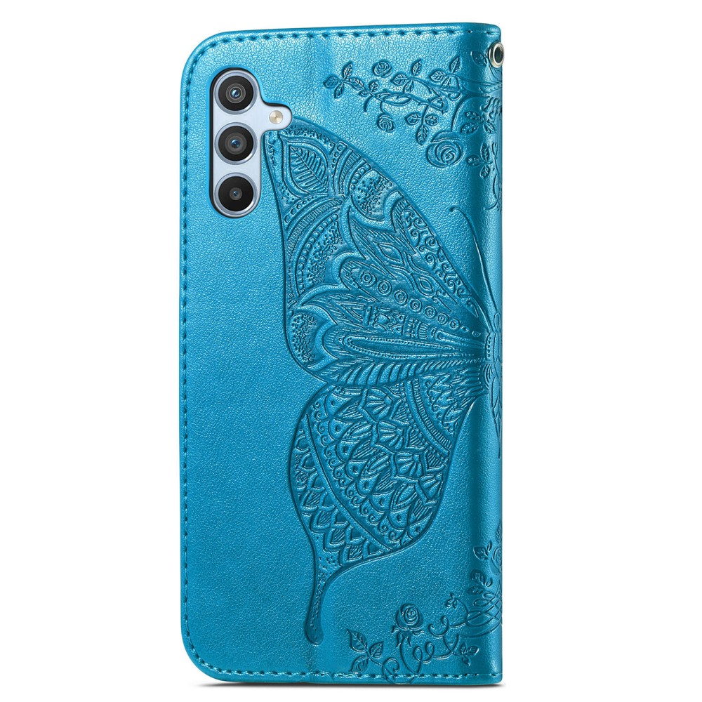 Samsung Galaxy A56 Leder Tasche Flip Cover Schmetterlinge Imprint - Blau