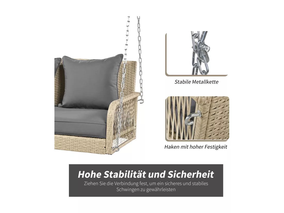 Fauteuil suspendu 114 cm en rotin PE - 2 Places - Coussin d'assise rembourrage 11 cm - Beige + gris