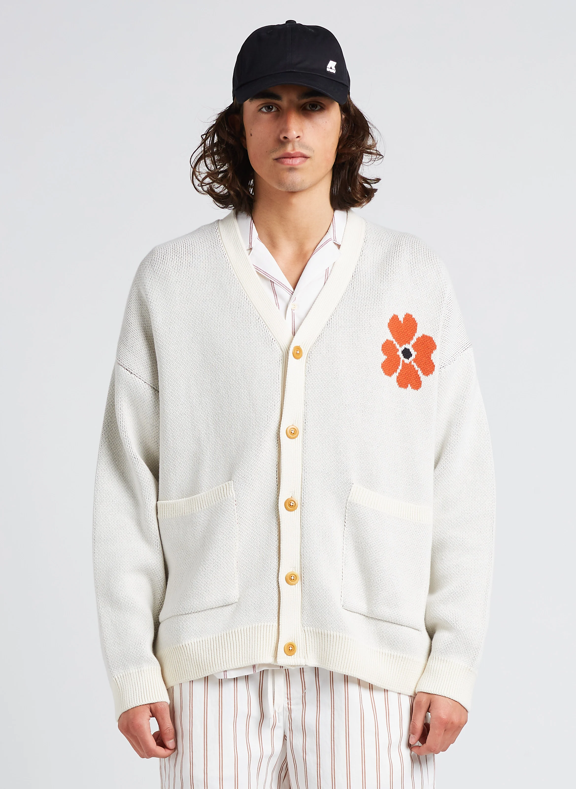 CAUDAN - Gilet col V loose-fit jacquard en coton bio | Blanc