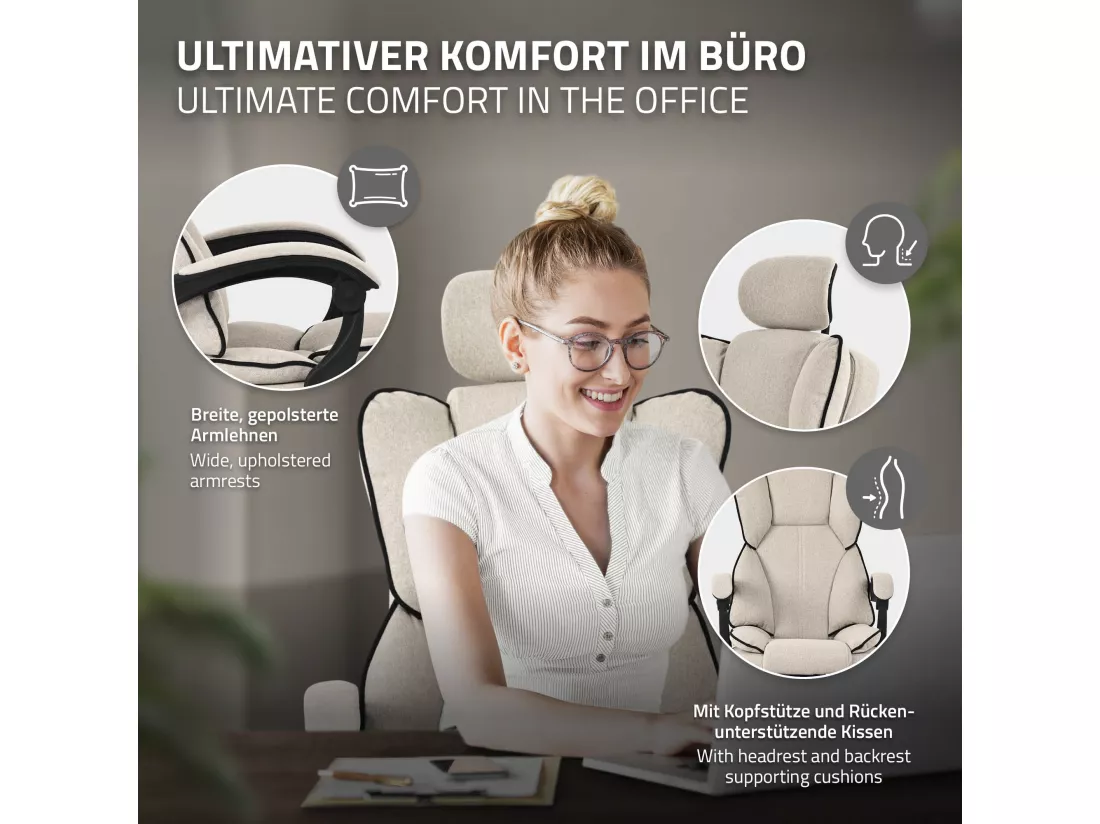 ML-Design Chaise de Bureau Ergonomique, Beige, Réglable en Hauteur avec Dossier Haut