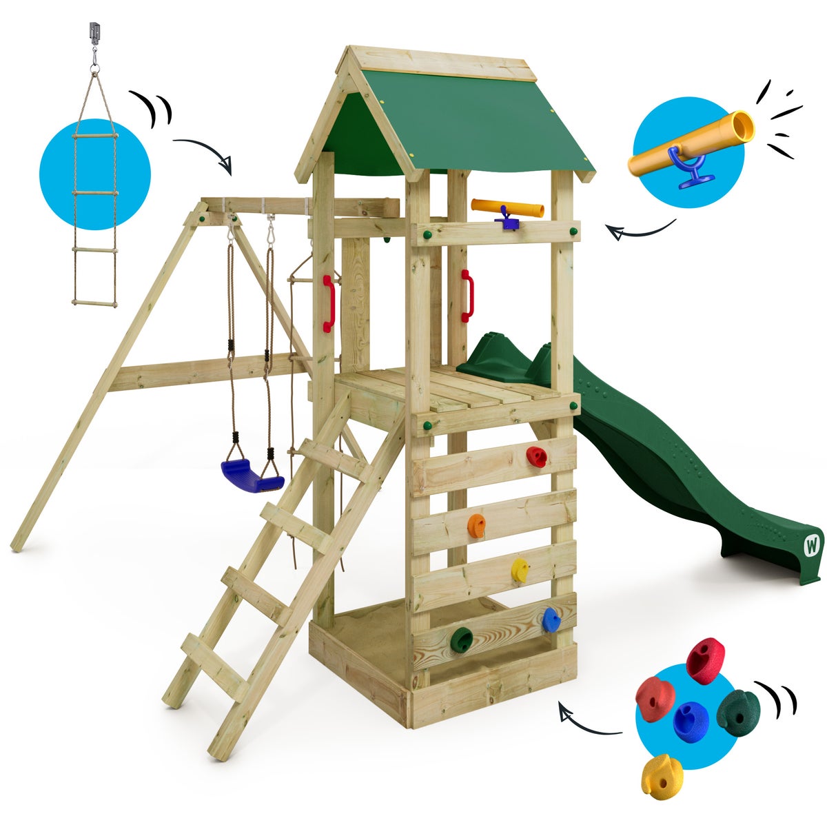 WICKEY FreeFlyer speeltoren klimtoestel met schommel en glijbaan, klimtoren met zandbak, ladder en speeltoebehoren - groen