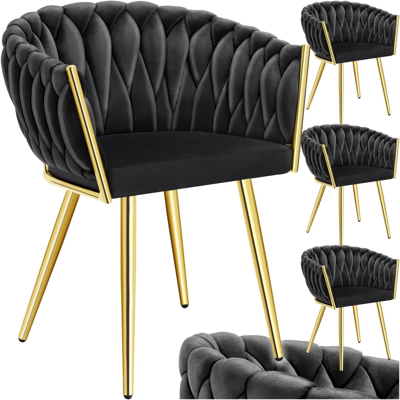 tectake® Samt Stuhl, Schalenstuhl mit Armlehne in Knoten Optik, Esszimmerstühle, Sessel modern für Wohnzimmer, Esszimmer, als Küchenstühle, für Schminktisch, Dining Chair Set - Schwarz/Gold, 4er Set