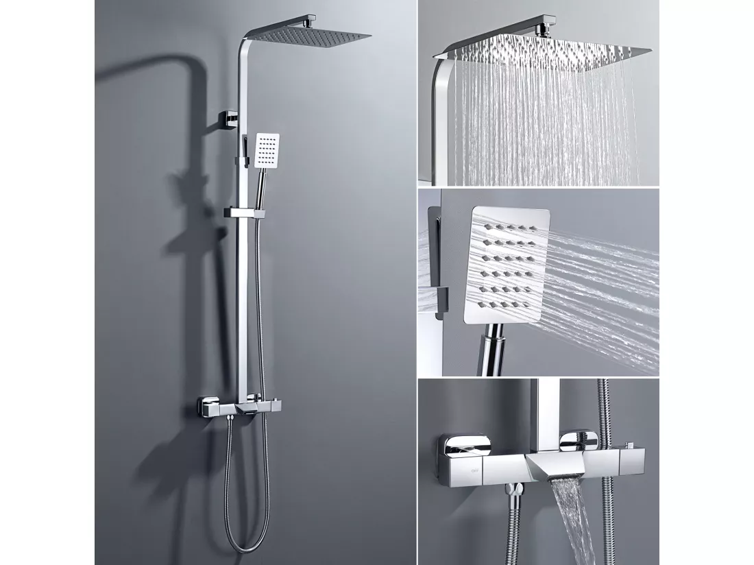 AURALUM MAX Colonne de Douche Thermostatique Chromée,3 Fonctions Kit Douche avec 30 * 20cm Douche de Tête,Pommeau de Douche,Mitigeur Douche Cascade