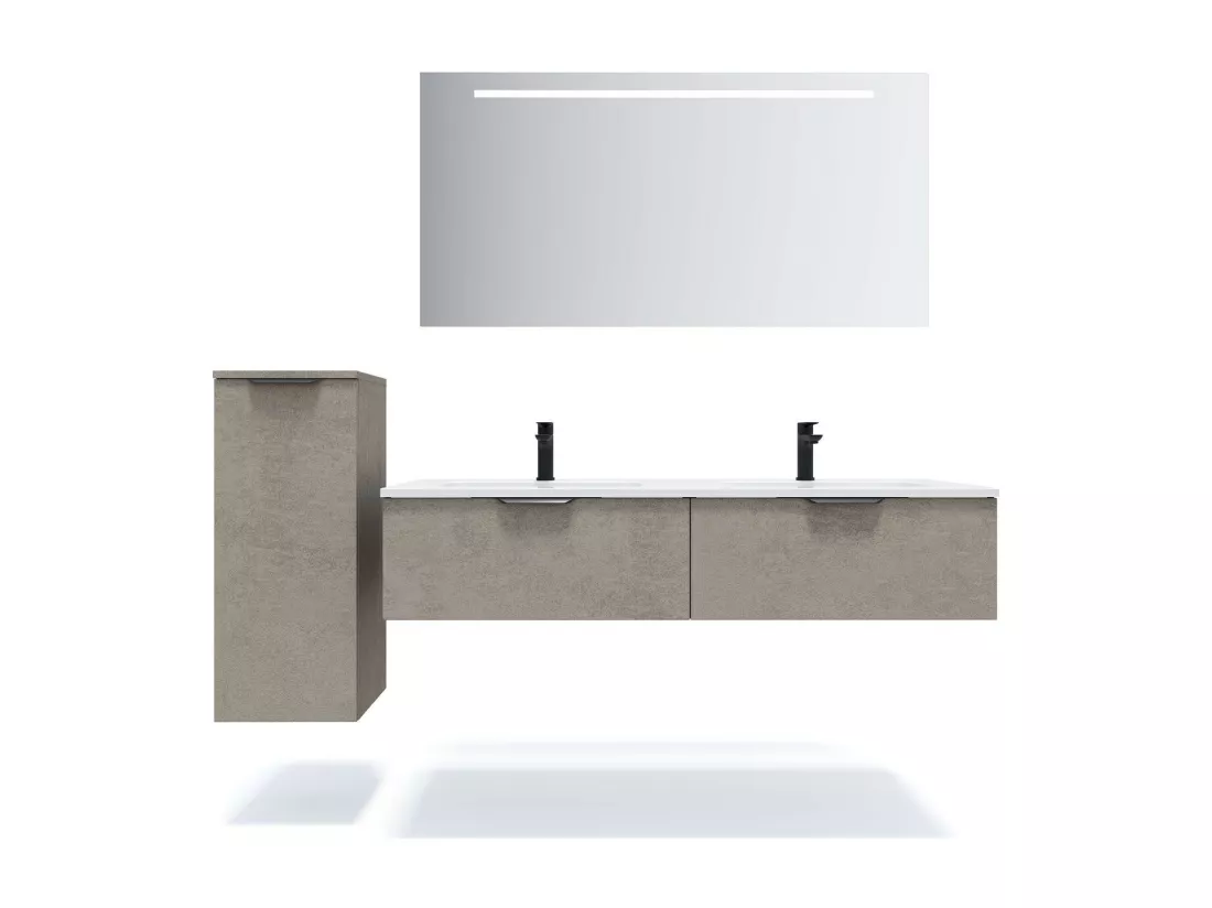 Meuble de salle de bain suspendu double vasque intégrée 140cm 2 tiroirs façon Béton - Soho