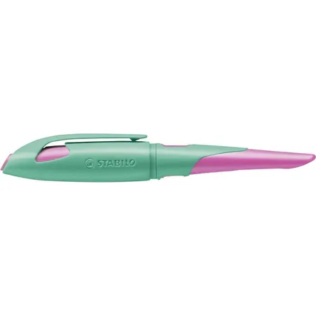 Ergonomischer Schulfüller für Rechtshänder mit Standard-Feder M - STABILO EASYbirdy in türkis/neonpink - Einzelstift - inklusive Patrone und Einstellwerkzeug - Schreibfarbe blau (löschbar)