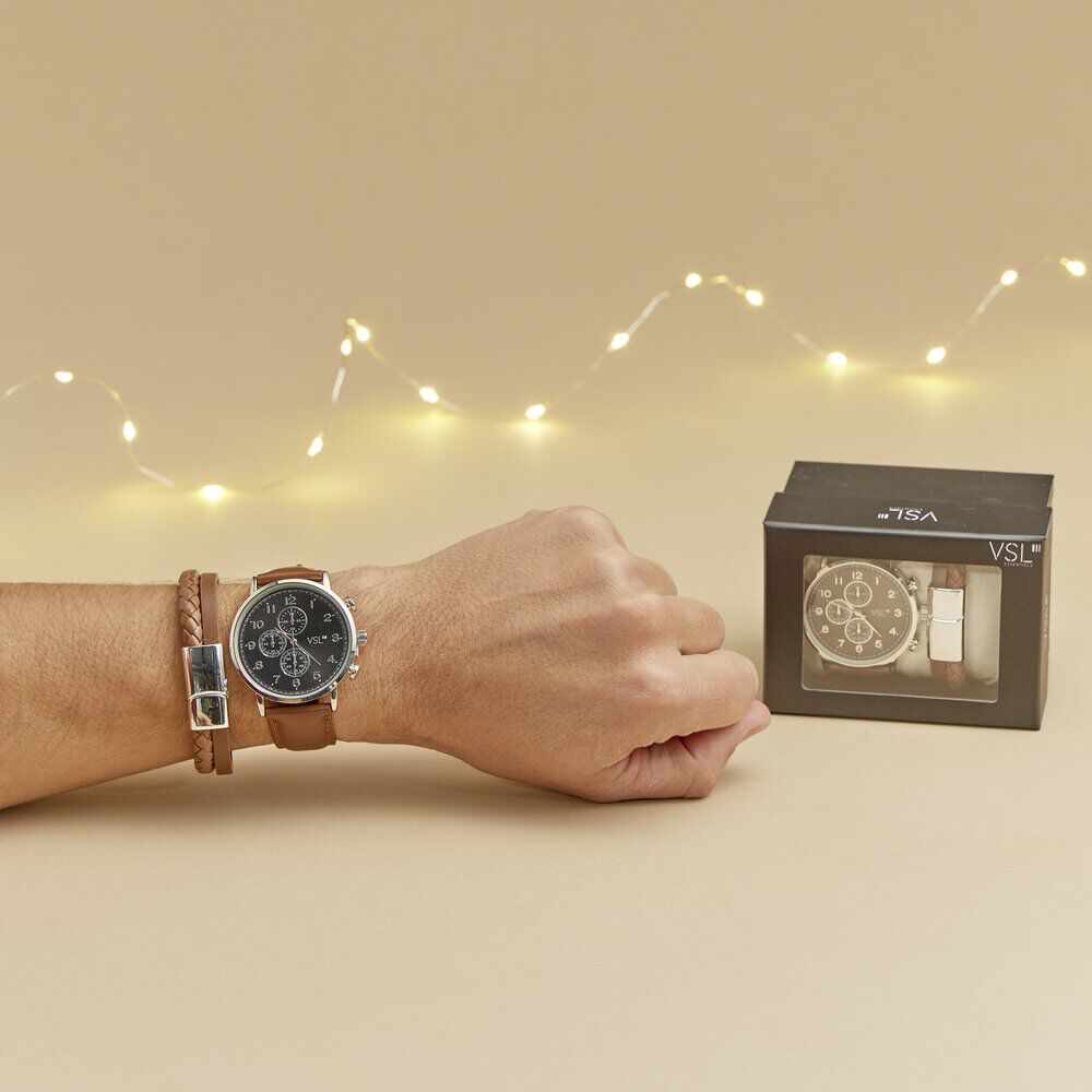 Ensemble montre et bracelet homme simili marron