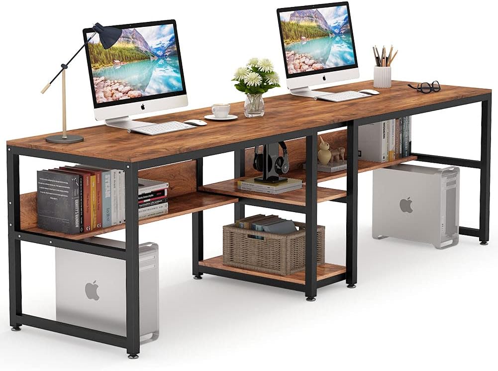 Tribesigns Schreibtisch, Computertisch mit Regalen, 200 cm Doppelschreibtisch, Bürotisch für Zwei Personen, rustikaler Langen Schreibtisch mit Ablage für Heimbüro, Vintagebraun-Schwarz