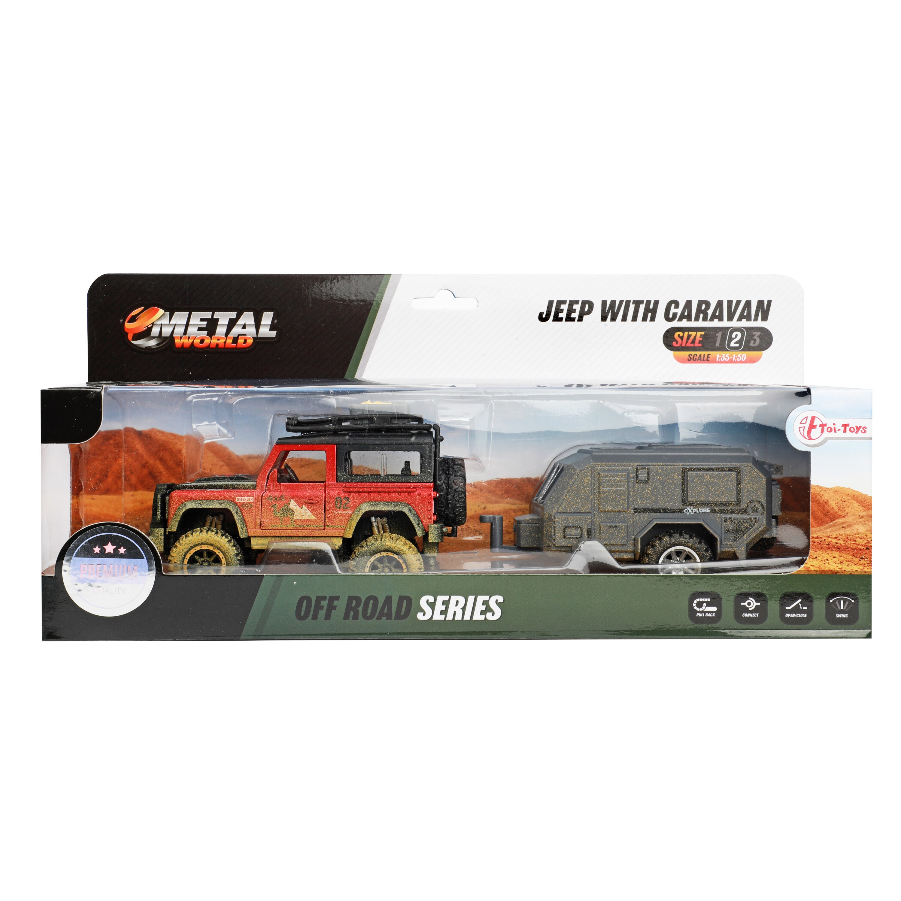 Toi-Toys 21452A - Metal World Spielzeugauto - Jeep 4x4 mit Wohnwagen und Rückzugsfunktion Wohnmobil