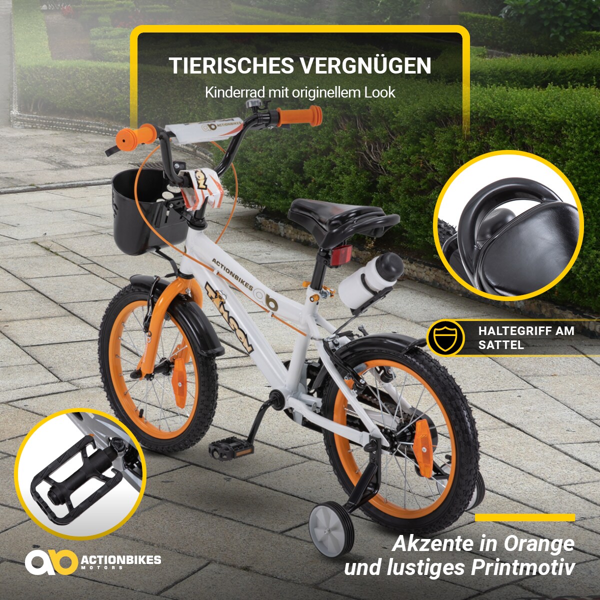 Actionbikes Kinderfahrrad Timson 16 Zoll, V-Brake-Bremsen, höhenverstellbar, Stützräder, Korb