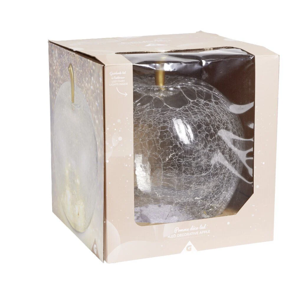 Décoration LED en verre pomme effet craquelé transparent Ø7xH8cm