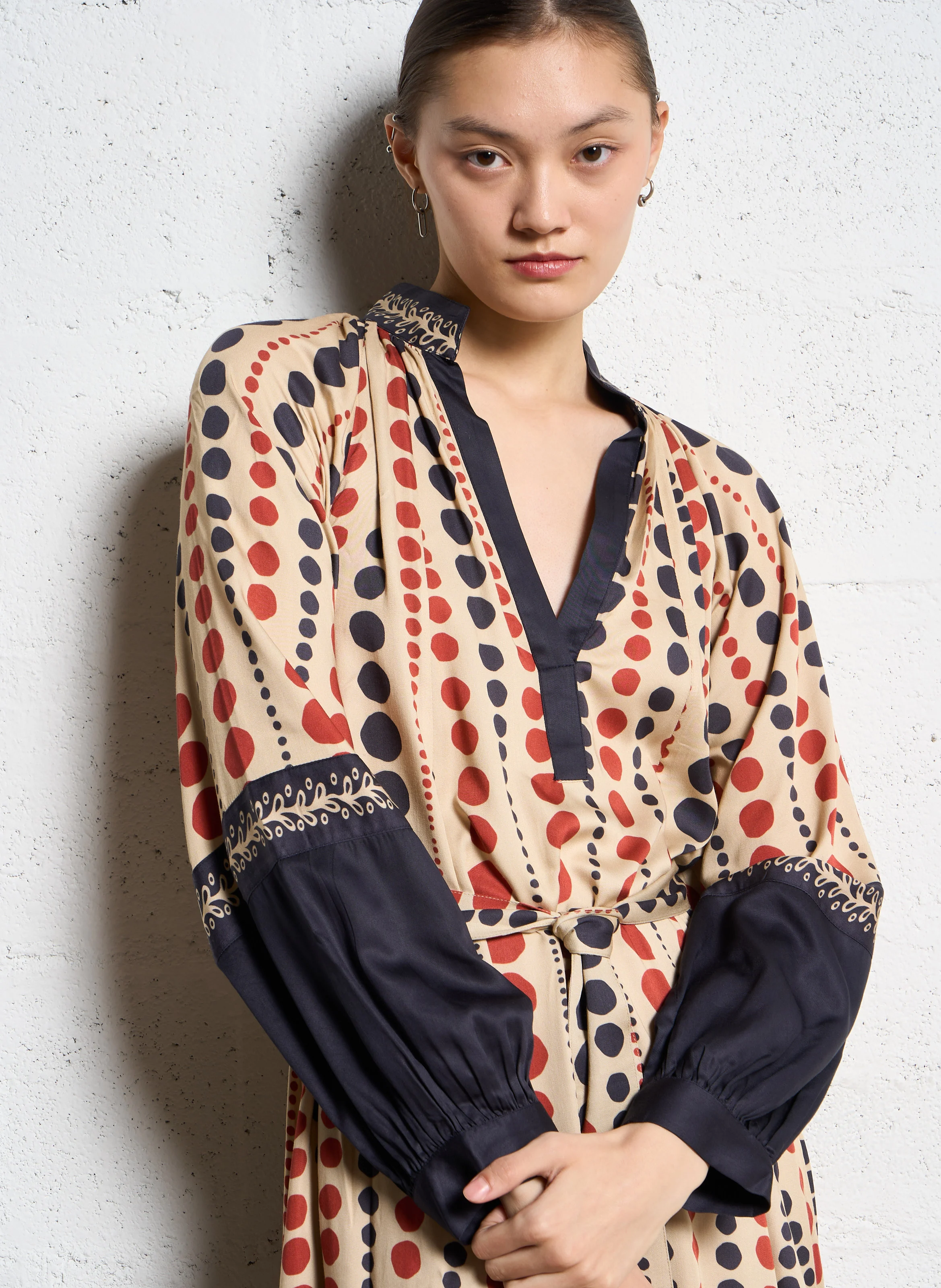 AURELIE - Robe longue imprimée à ceinture| Marron