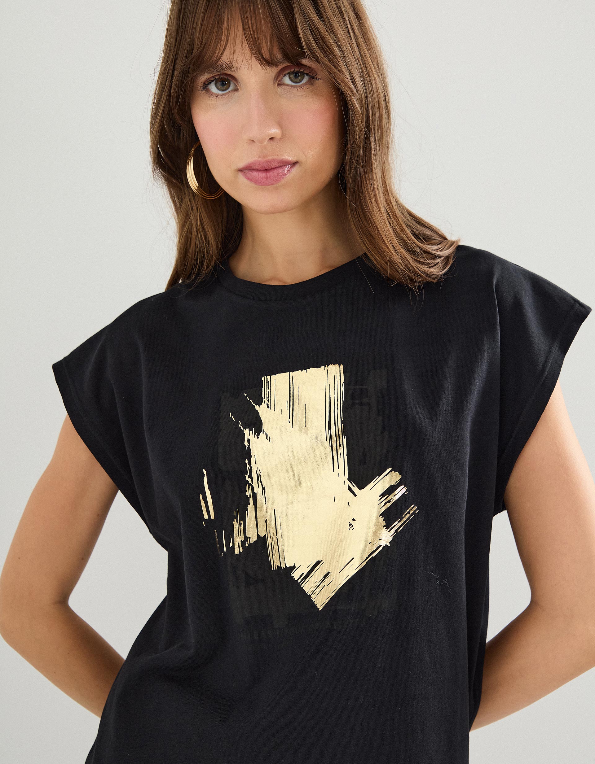T-shirt Estampado Foil, Mulher, Preto