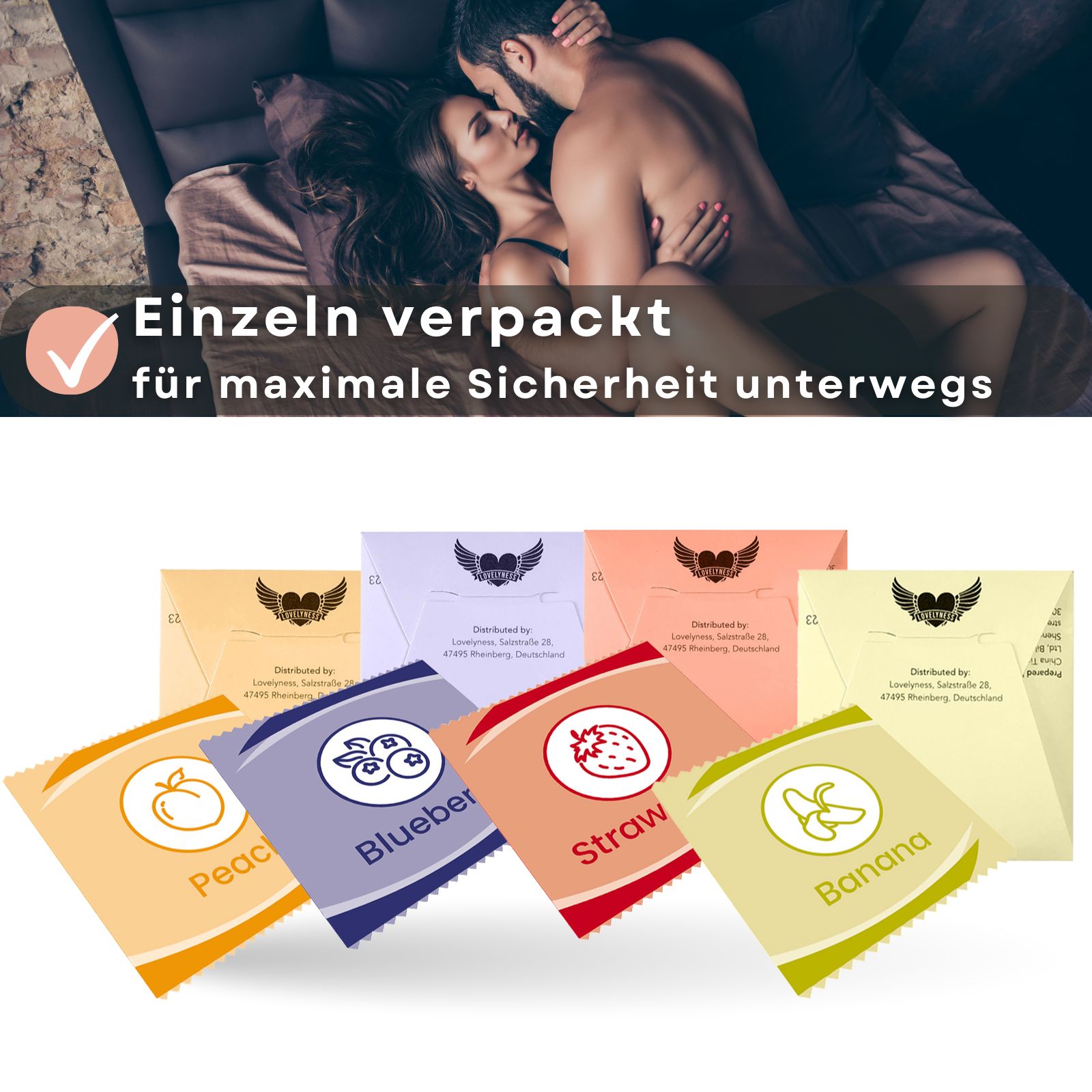 Lovelyness - Kondome mit Geschmack Erdbeere, Banane, Pfirsich, Blaubeere