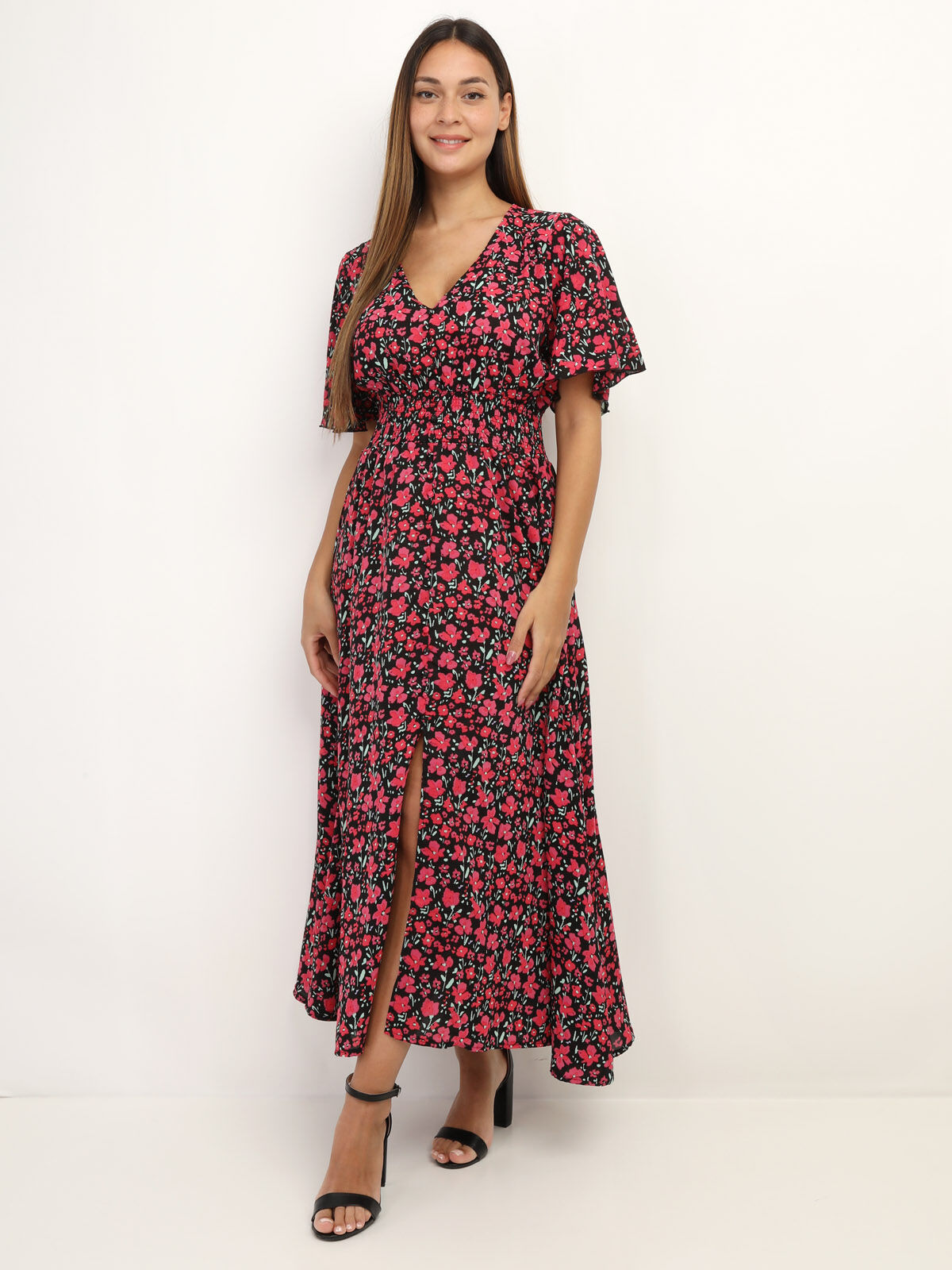 Robe longue fendue à fleurs- Noir