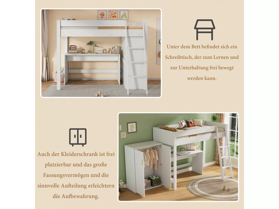 Lit mezzanine 90 x 200 cm avec bureau et grande armoire - Bois massif + MDF - Coloris Blanc (Sans matelas)