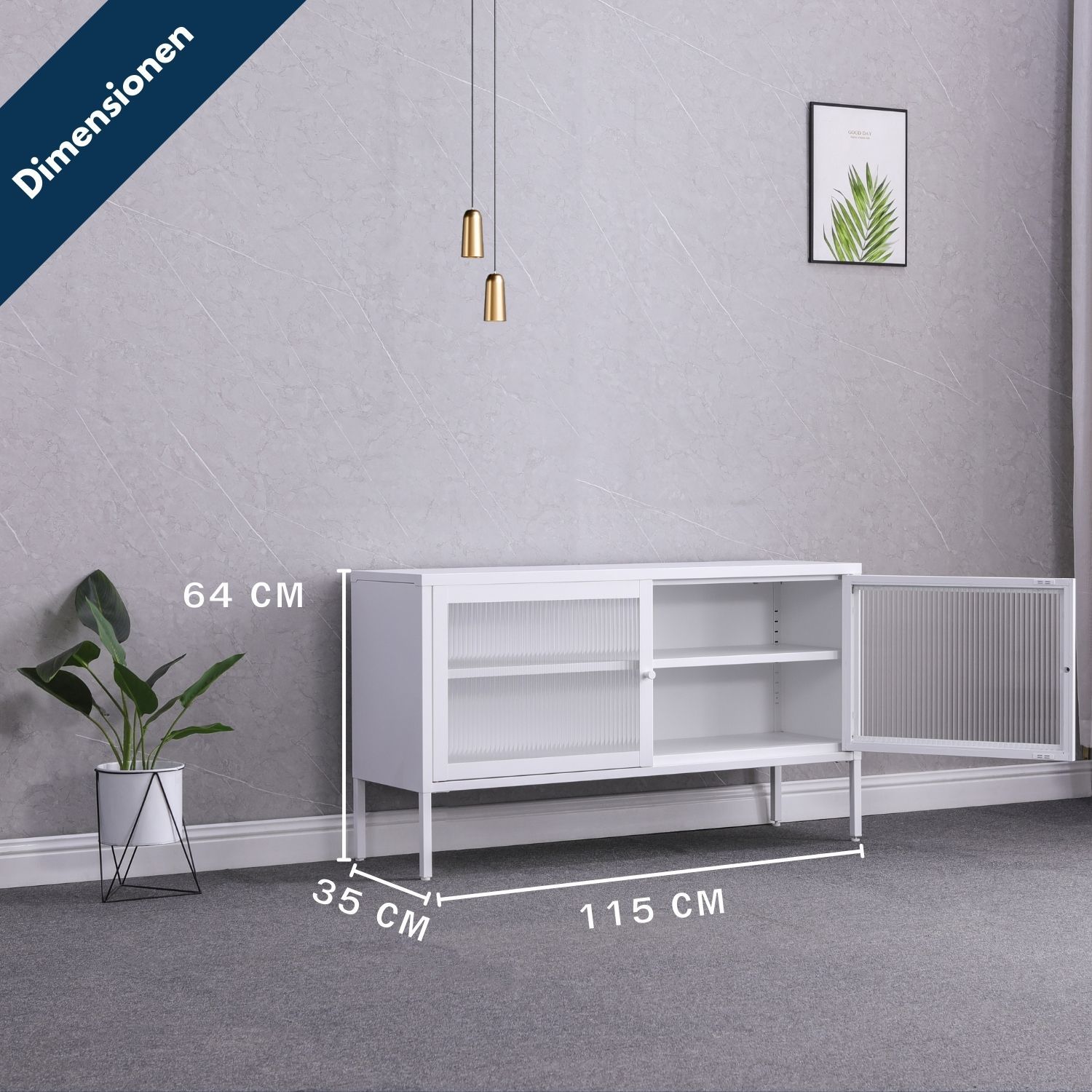 Coemo Sideboard weiß Tokio 115x35x64cm Metall Glastüren