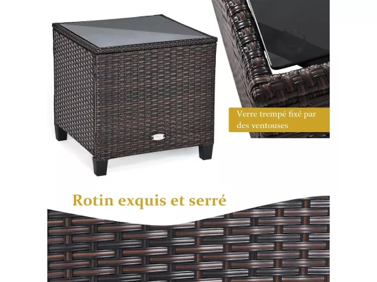 Salon de Jardin en Rotin et fibre naturelle - 3 Pièces - Charge 180KG - 2 Fauteuils et Table Basse avec Plateau en Verre Trempé – Marron