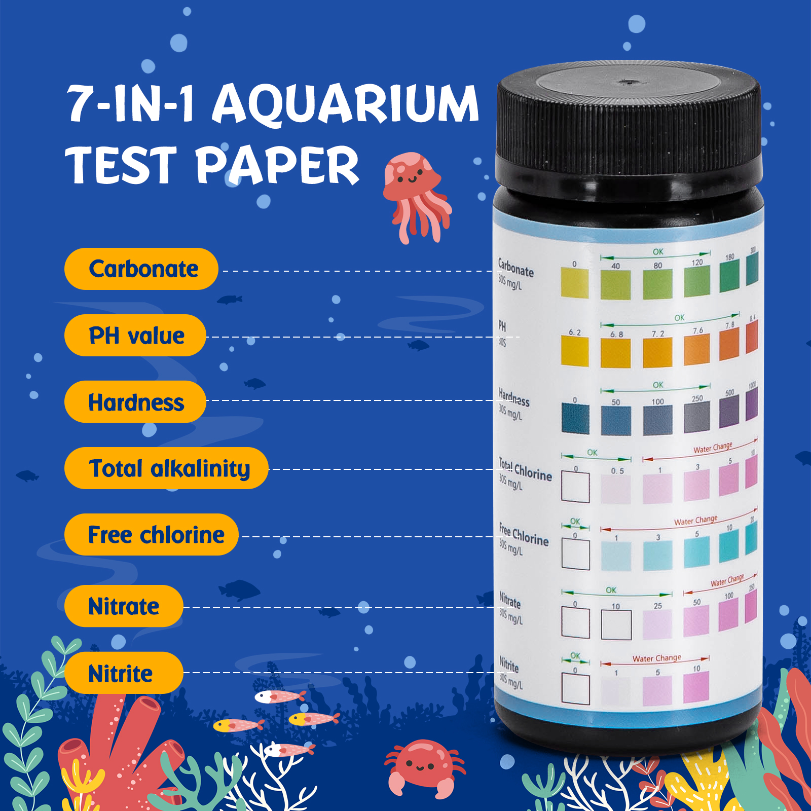 Nobleza - Tiras de teste 7 em 1 para aquário, tiras de teste para água doce, testam dureza, nitrato, nitrito, cloro livre, cloração total, carbonato e pH (100 unidades)