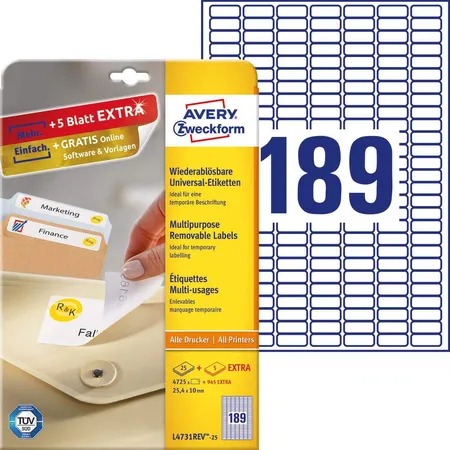 Avery Zweckform L4731REV-25 Universal-Etiketten,A4 25,4 x 10 mm, 30 Bogen/5.670 Etiketten, weiß