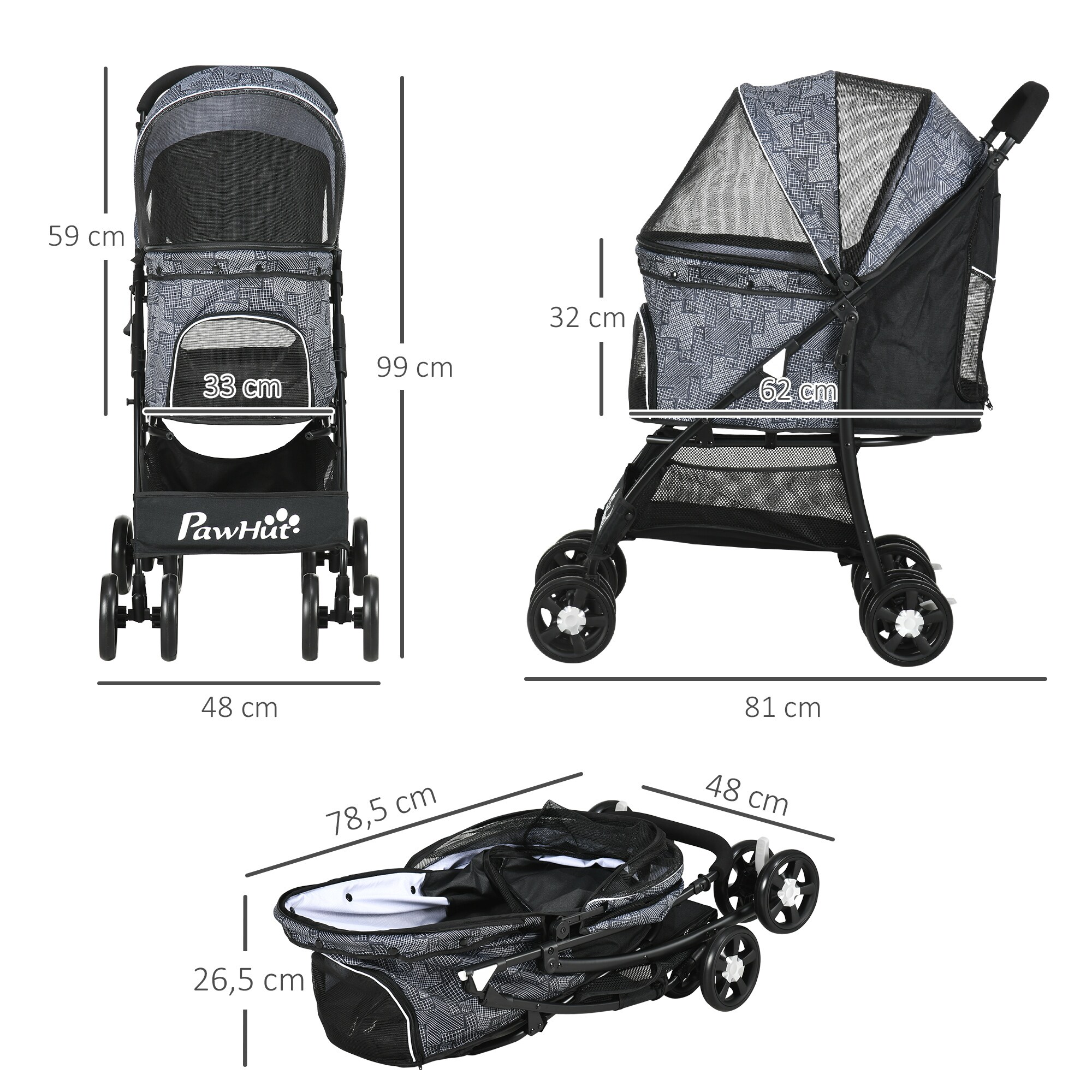 PawHut Hundebuggy mit Kissen und Untergestellablage schwarz 81L x 48B x 99H cm