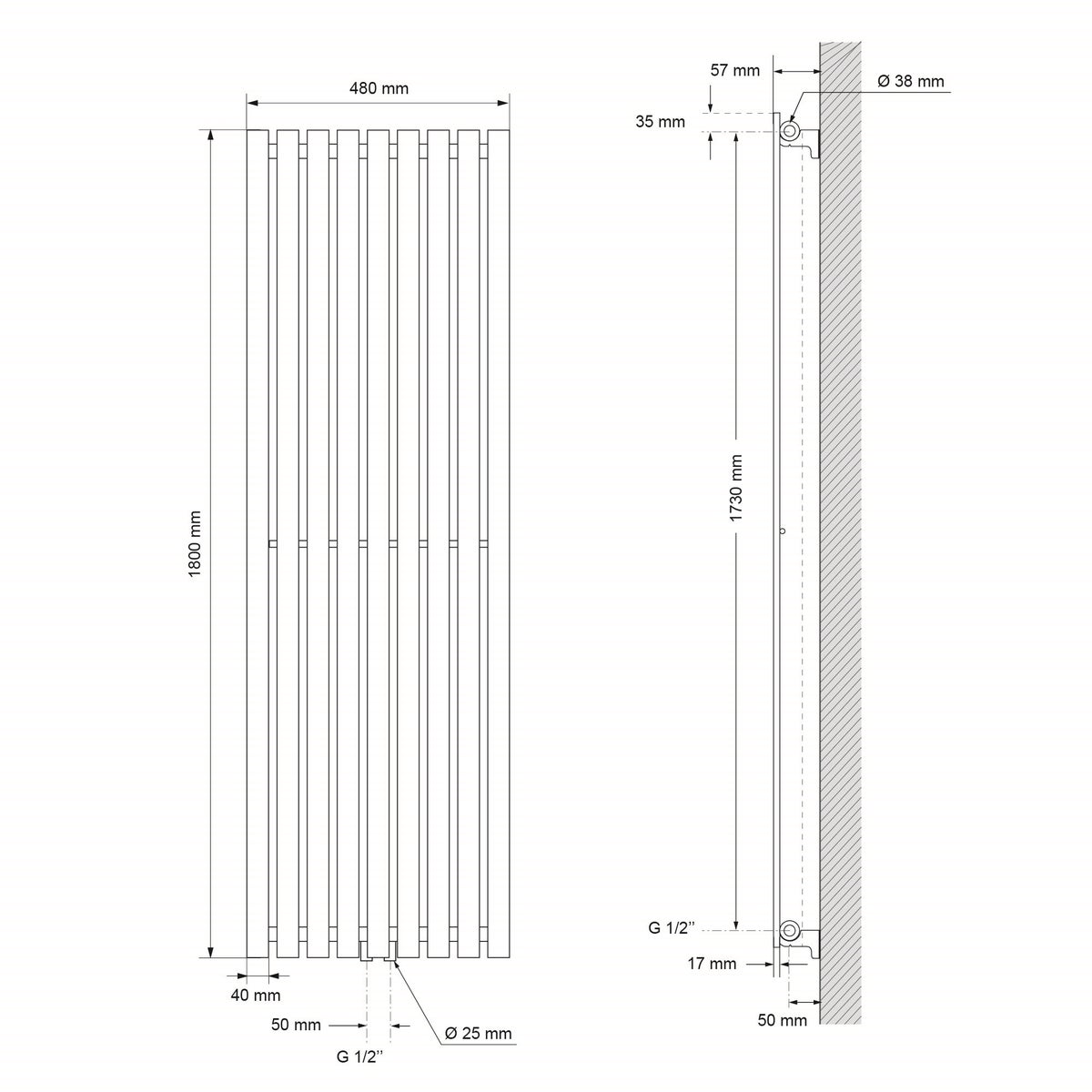 LuxeBath Stella designradiator, 1800 x 480 mm, wit, paneelradiator met middenaansluiting, enkellaags, vlak, verticaal, badkamerradiator, buisradiator, vlakke radiator, badkamerverwarming, badkamerwandverwarming