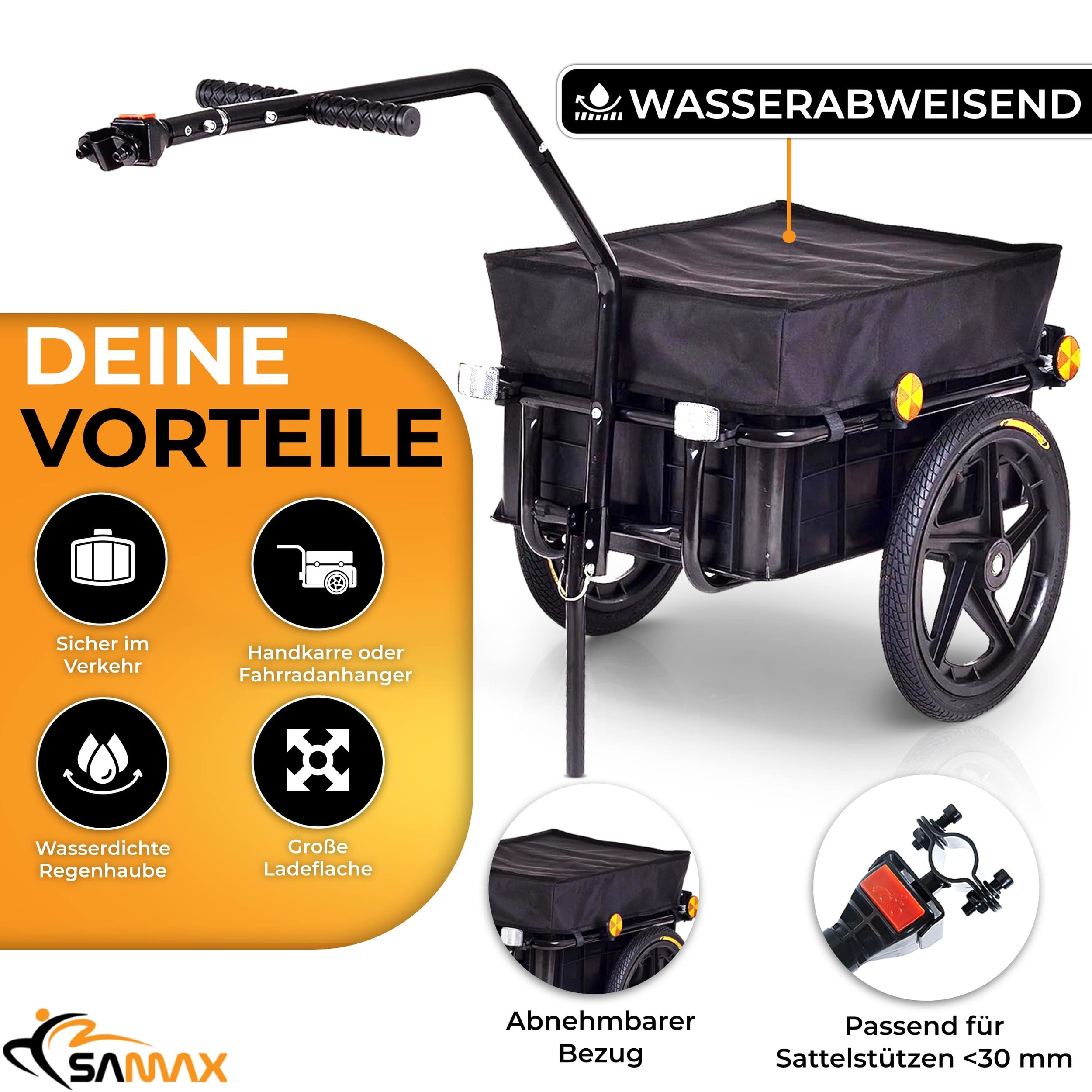 SAMAX Lastenanhänger / Fahrradanhänger für 60 Kg / 70 Liter in Schwarz